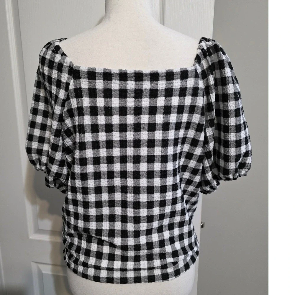 LOFT‎ Top Women Black White Gingham Puff Sleeve Seersucker Top Casual Everyday